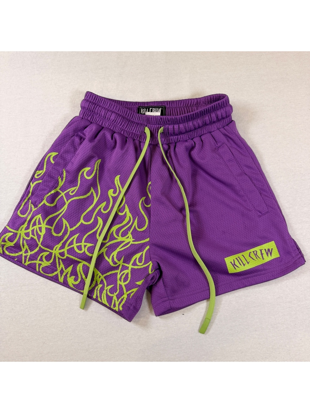 Kill Crew Muay Thai Flame Shorts Unisex XS Purple Green Mesh